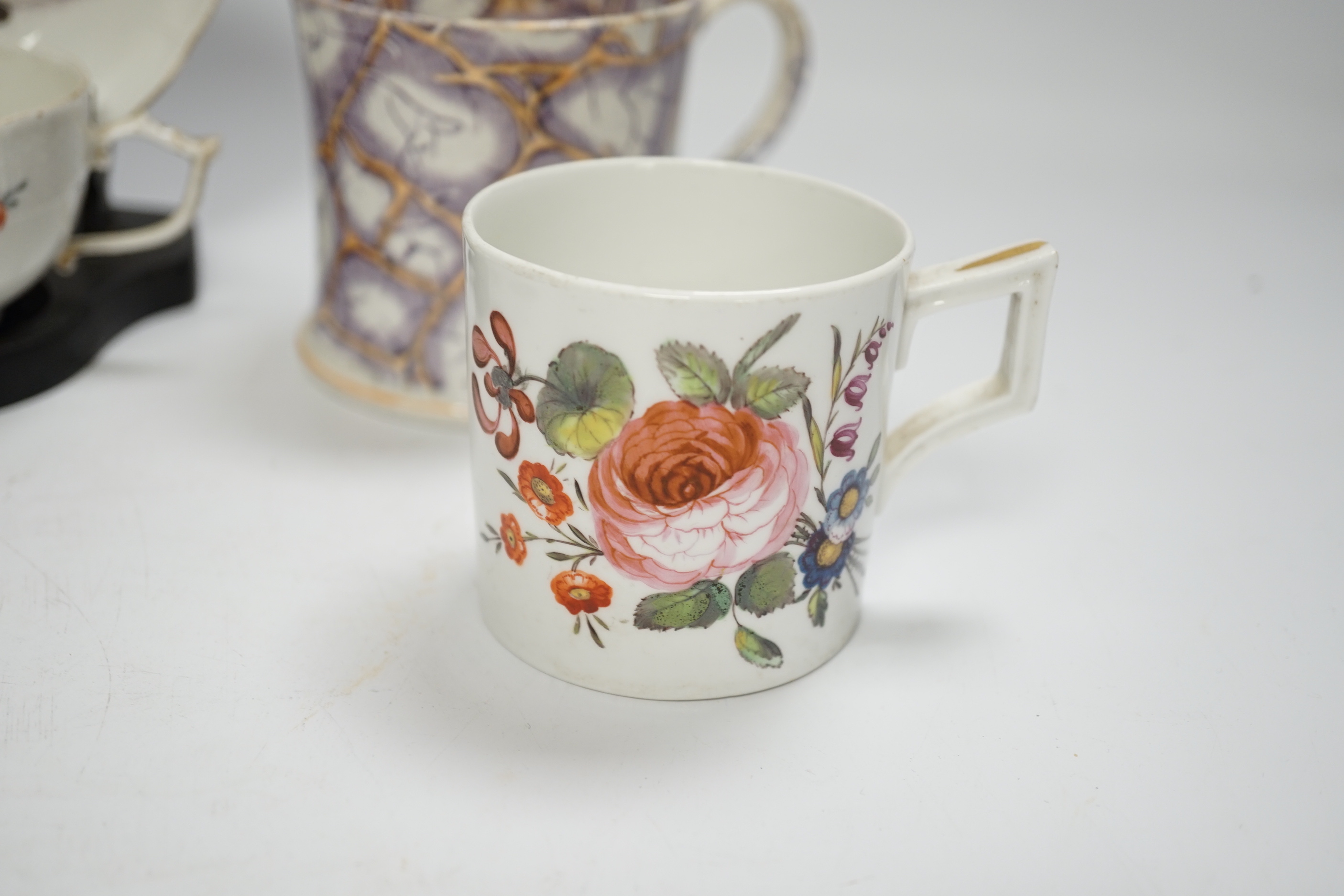 Two Derby porcelain coffee cans and one saucer, a tea bowl, a pearlware mug and a mid 18th century Meissen cup and saucer, tallest mug 8cm high